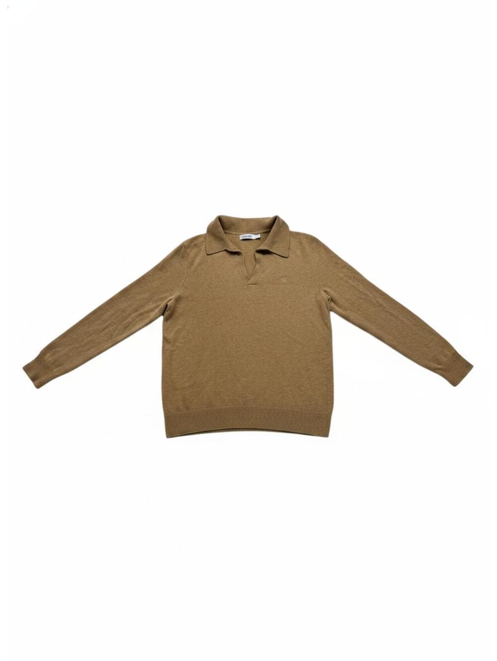 Calvin Klein Men’s Tan Knit Sweater Collared Long Sleeve Pullover Casual Top